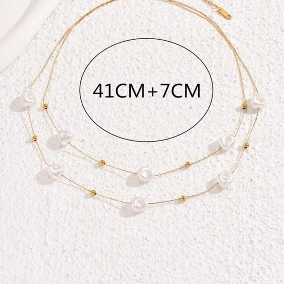 18k Gold Plated Stainless Steel Double Layer Pearl Patchwork Necklace - Picture 5 of 6